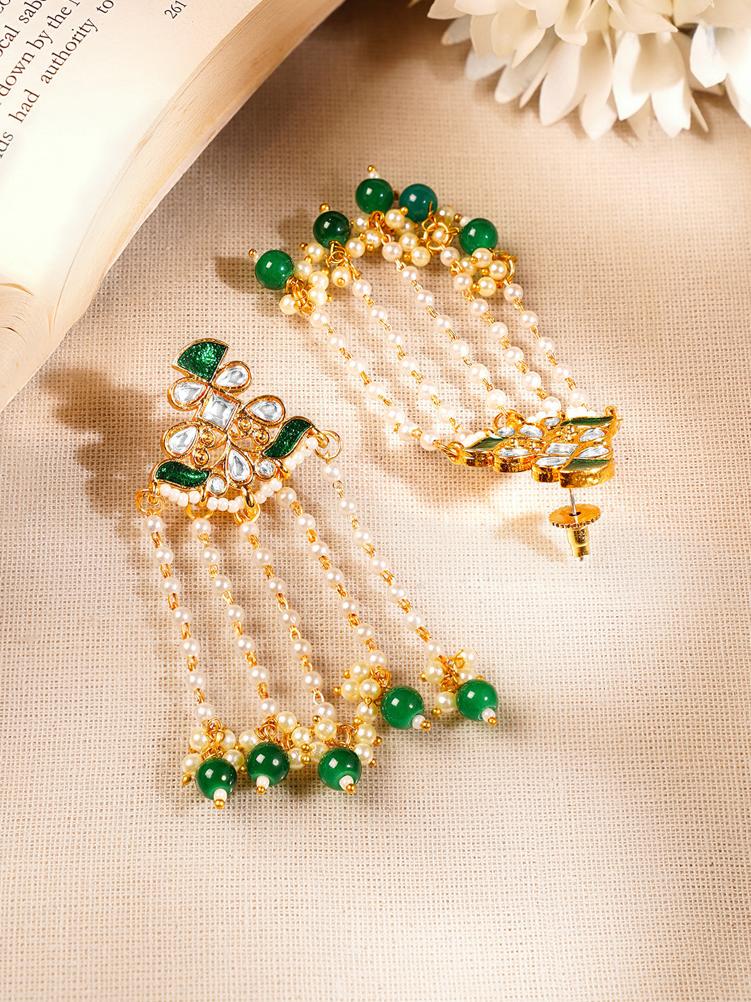 【Rubans】 Gold Plated Pearl & Green Beaded Kundan Dangler Earrings｜ゴールドメッキ パール＆グリーンビーズ クンダン ダングラー イヤリング