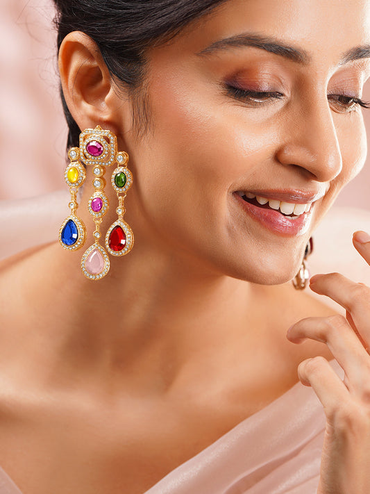 【Rubans】Gold Plated Rainbow Crystal Cascade Statement Drop Earrings｜ゴールドメッキ レインボー クリスタル カスケード ステートメント ドロップピアス