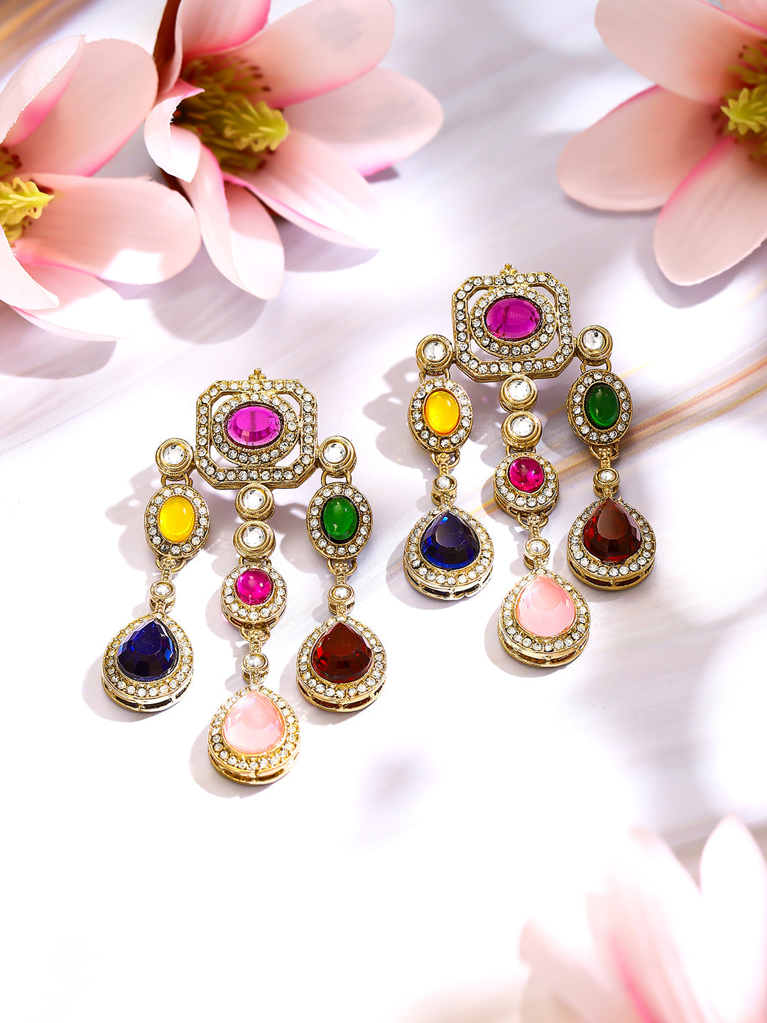 【Rubans】Gold Plated Rainbow Crystal Cascade Statement Drop Earrings｜ゴールドメッキ レインボー クリスタル カスケード ステートメント ドロップピアス