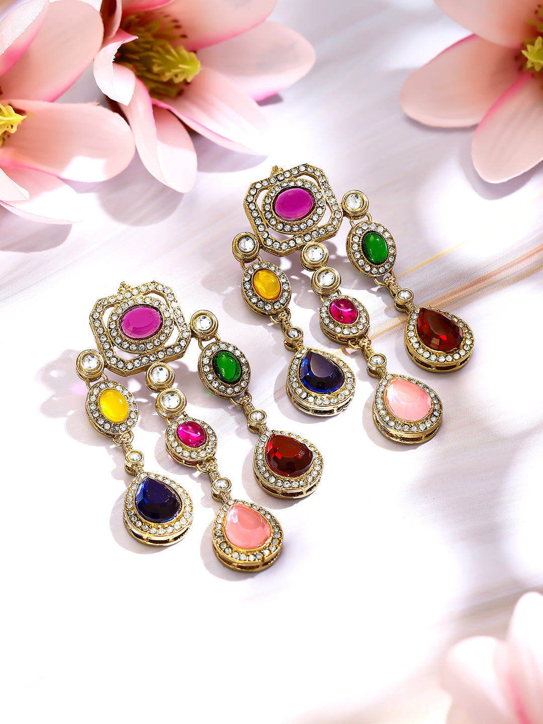 【Rubans】Gold Plated Rainbow Crystal Cascade Statement Drop Earrings｜ゴールドメッキ レインボー クリスタル カスケード ステートメント ドロップピアス