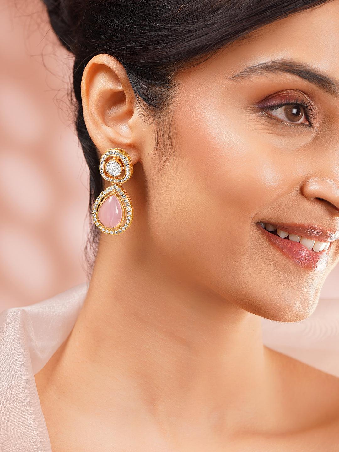 【Rubans】Gold Plated Blush Rose Polki Halo Teardrop Earrings｜ゴールドメッキ ブラッシュローズ ポルキ ヘイロー ティアドロップピアス