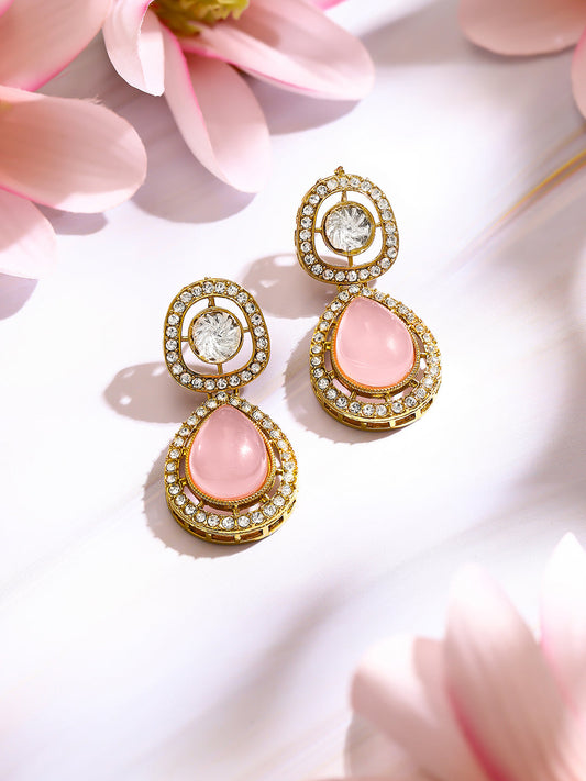 【Rubans】Gold Plated Blush Rose Polki Halo Teardrop Earrings｜ゴールドメッキ ブラッシュローズ ポルキ ヘイロー ティアドロップピアス