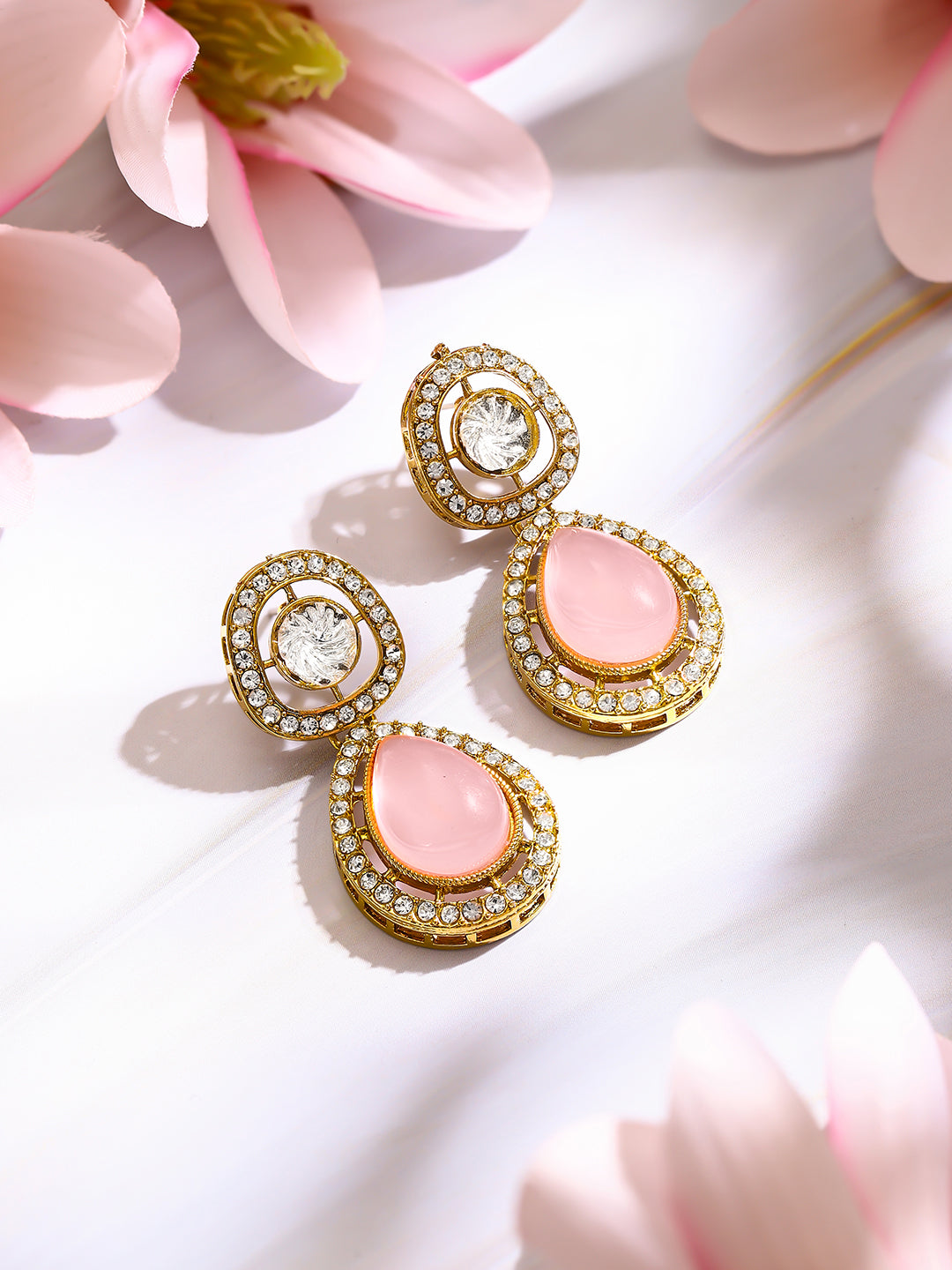 【Rubans】Gold Plated Blush Rose Polki Halo Teardrop Earrings｜ゴールドメッキ ブラッシュローズ ポルキ ヘイロー ティアドロップピアス