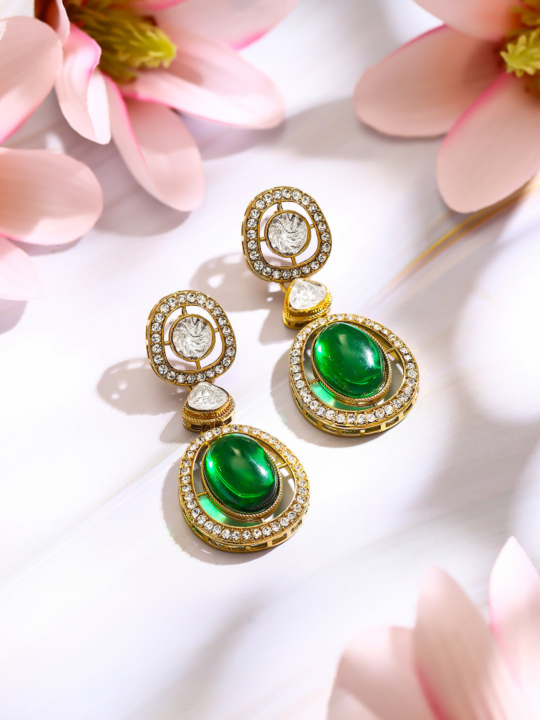 【Rubans】Gold Plated Emerald Regal Polki Halo Statement Drop Earrings｜ゴールドメッキ エメラルド リーガル ポルキ ヘイロー ステートメント ドロップピアス
