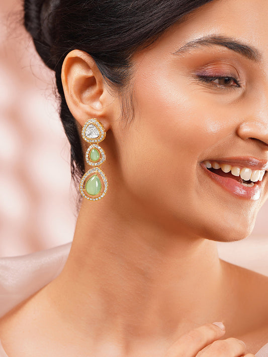 【Rubans】Gold Plated Pistachio Mint Polki Glow Triple Drop Earrings｜ゴールドメッキ ピスタチオミント ポルキ グロウ トリプル ドロップピアス