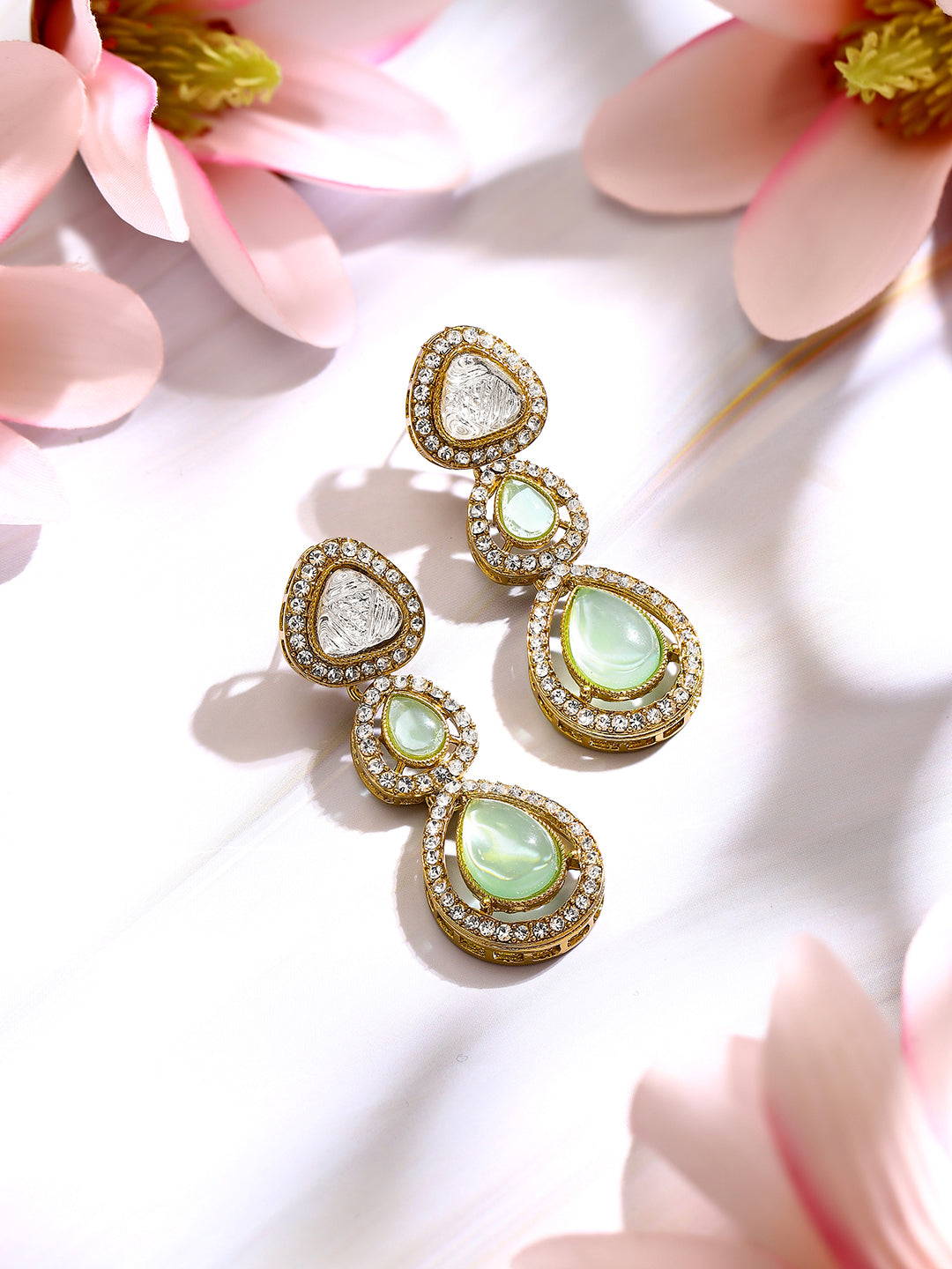 【Rubans】Gold Plated Pistachio Mint Polki Glow Triple Drop Earrings｜ゴールドメッキ ピスタチオミント ポルキ グロウ トリプル ドロップピアス