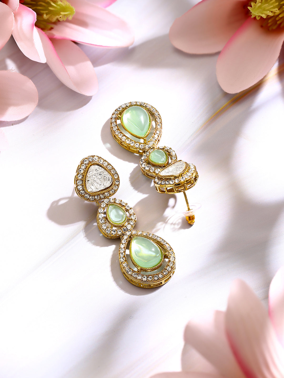 【Rubans】Gold Plated Pistachio Mint Polki Glow Triple Drop Earrings｜ゴールドメッキ ピスタチオミント ポルキ グロウ トリプル ドロップピアス