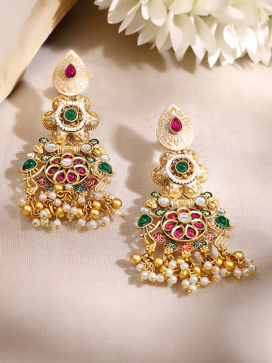 【Rubans】Gold Plated Heritage Ivory Meenakari Ruby Emerald Pearl Cluster Earrings｜ゴールドメッキ ヘリテージ アイボリー ミーナカリ ルビー エメラルド パール クラスターピアス