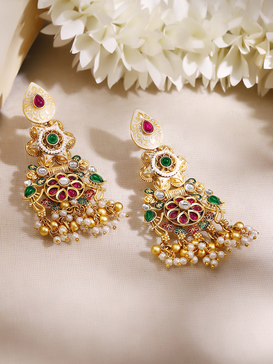 【Rubans】Gold Plated Heritage Ivory Meenakari Ruby Emerald Pearl Cluster Earrings｜ゴールドメッキ ヘリテージ アイボリー ミーナカリ ルビー エメラルド パール クラスターピアス
