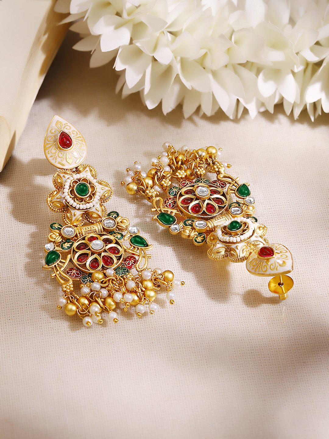 【Rubans】Gold Plated Heritage Ivory Meenakari Ruby Emerald Pearl Cluster Earrings｜ゴールドメッキ ヘリテージ アイボリー ミーナカリ ルビー エメラルド パール クラスターピアス