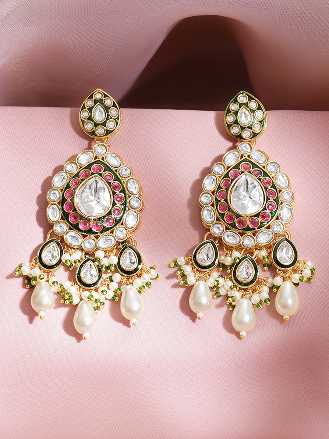 【Rubans】Gold Plated Royal Green Enamel Kundan Pearl Drop Earrings｜ゴールドメッキ ロイヤルグリーン エナメル クンダン パール ドロップピアス