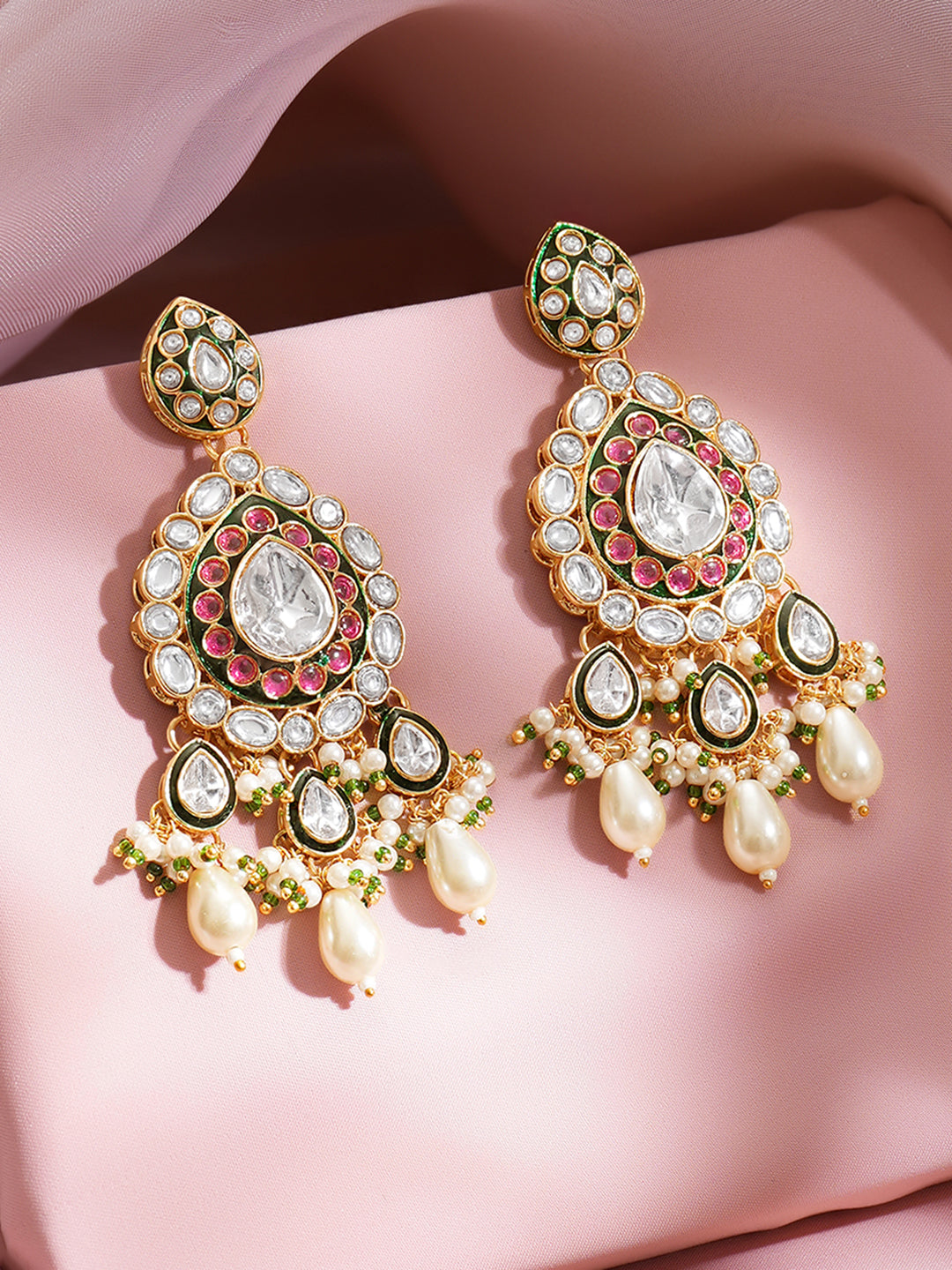 【Rubans】Gold Plated Royal Green Enamel Kundan Pearl Drop Earrings｜ゴールドメッキ ロイヤルグリーン エナメル クンダン パール ドロップピアス