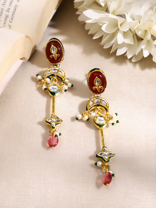 【Rubans】Gold Plated Red kundan dangler earrings｜ゴールドメッキ レッド クンダン ダングラーピアス