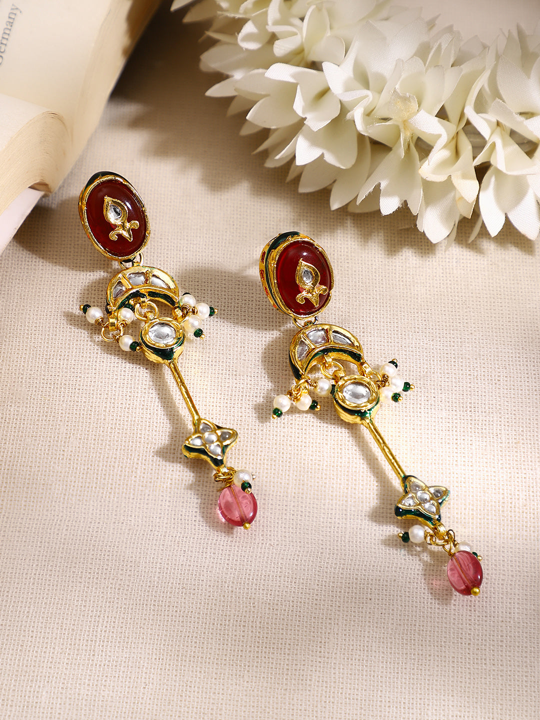 【Rubans】Gold Plated Red kundan dangler earrings｜ゴールドメッキ レッド クンダン ダングラーピアス
