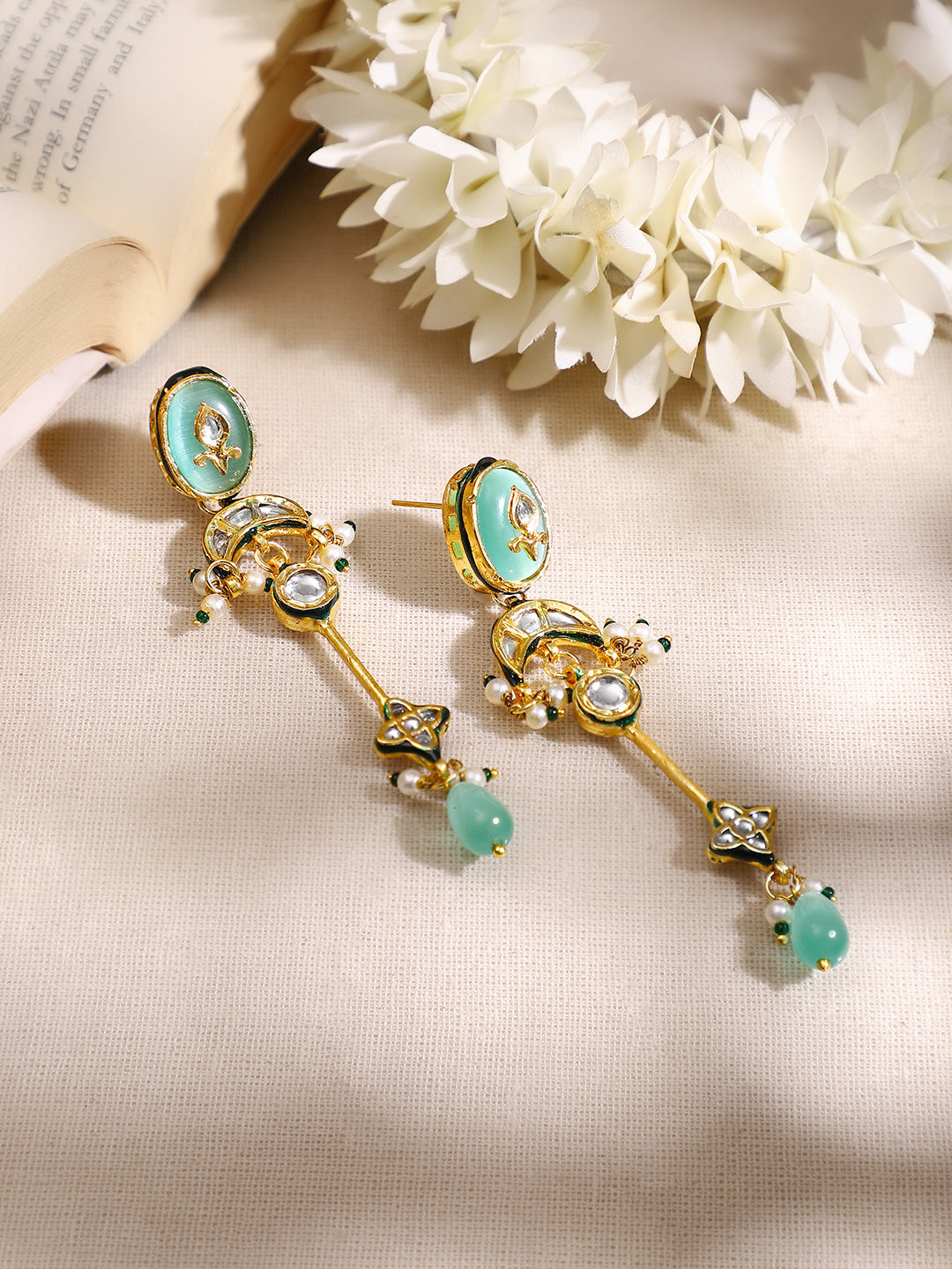 【Rubans】Gold Plated Green kundan dangler earrings｜ゴールドメッキ グリーン クンダン ダングラーピアス
