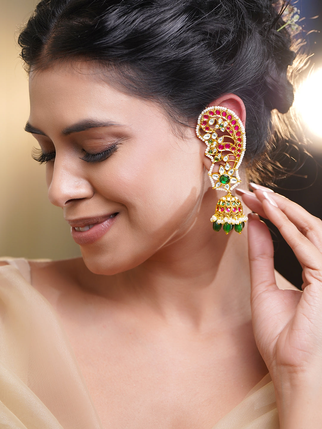 Wedding Glow Peacock Kundan Earcuff Jhumkas Length - 10 cm