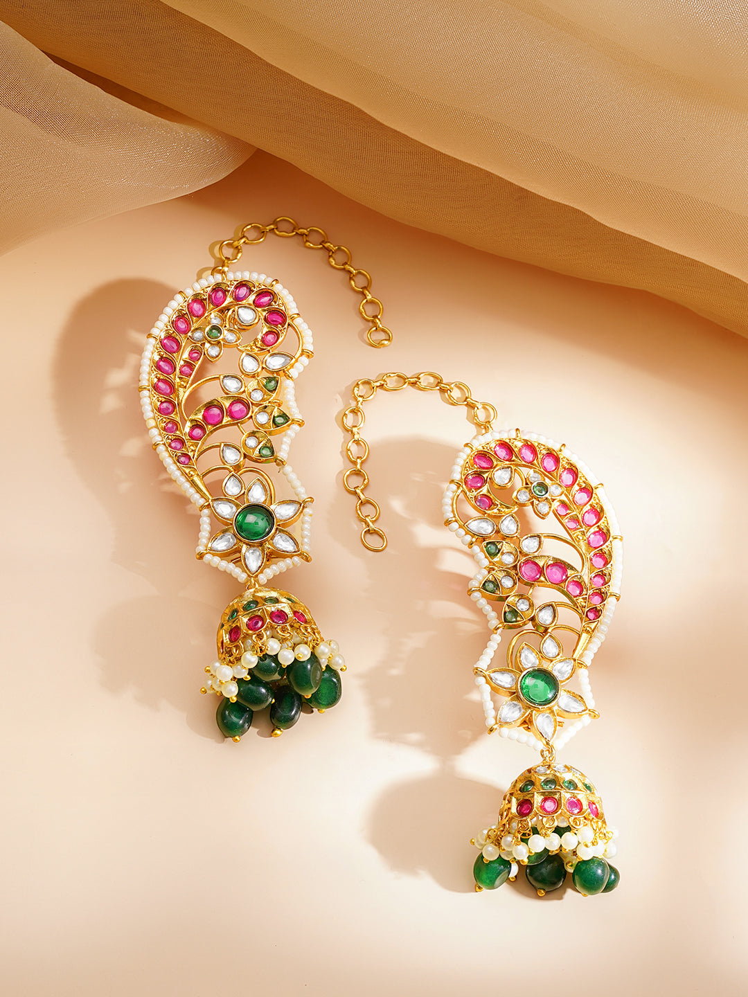 Wedding Glow Peacock Kundan Earcuff Jhumkas Length - 10 cm