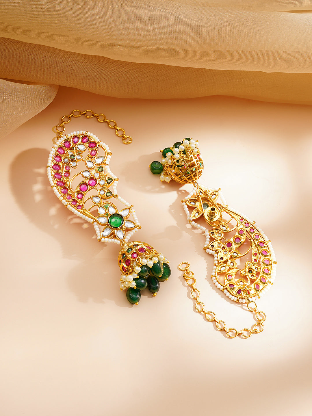 Wedding Glow Peacock Kundan Earcuff Jhumkas Length - 10 cm