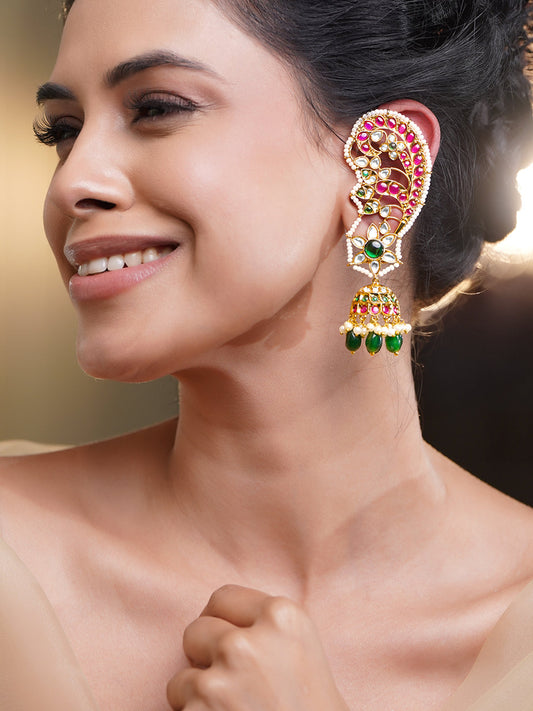 Wedding Glow Peacock Kundan Earcuff Jhumkas Length - 10 cm