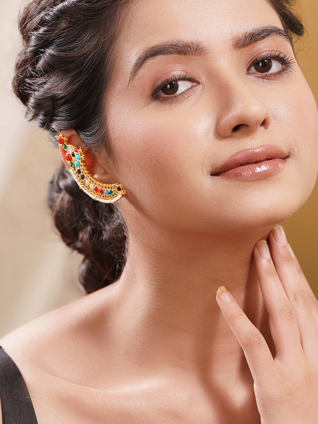 Gold Plated Multicolour Kundan Pearl Peacock Motif Ear Cuff Earring フリーサイズ
