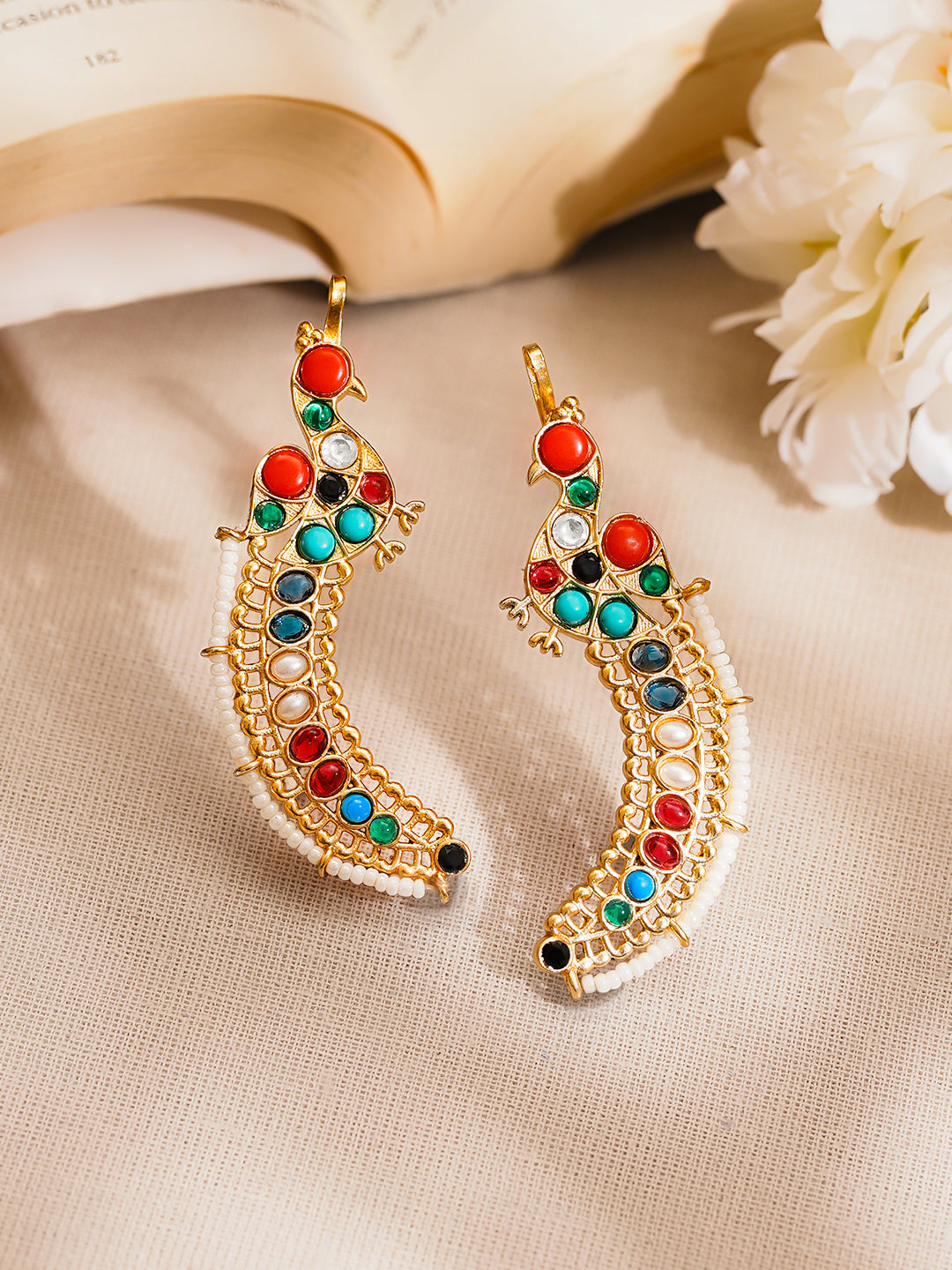 Gold Plated Multicolour Kundan Pearl Peacock Motif Ear Cuff Earring フリーサイズ