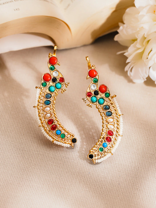 Gold Plated Multicolour Kundan Pearl Peacock Motif Ear Cuff Earring フリーサイズ