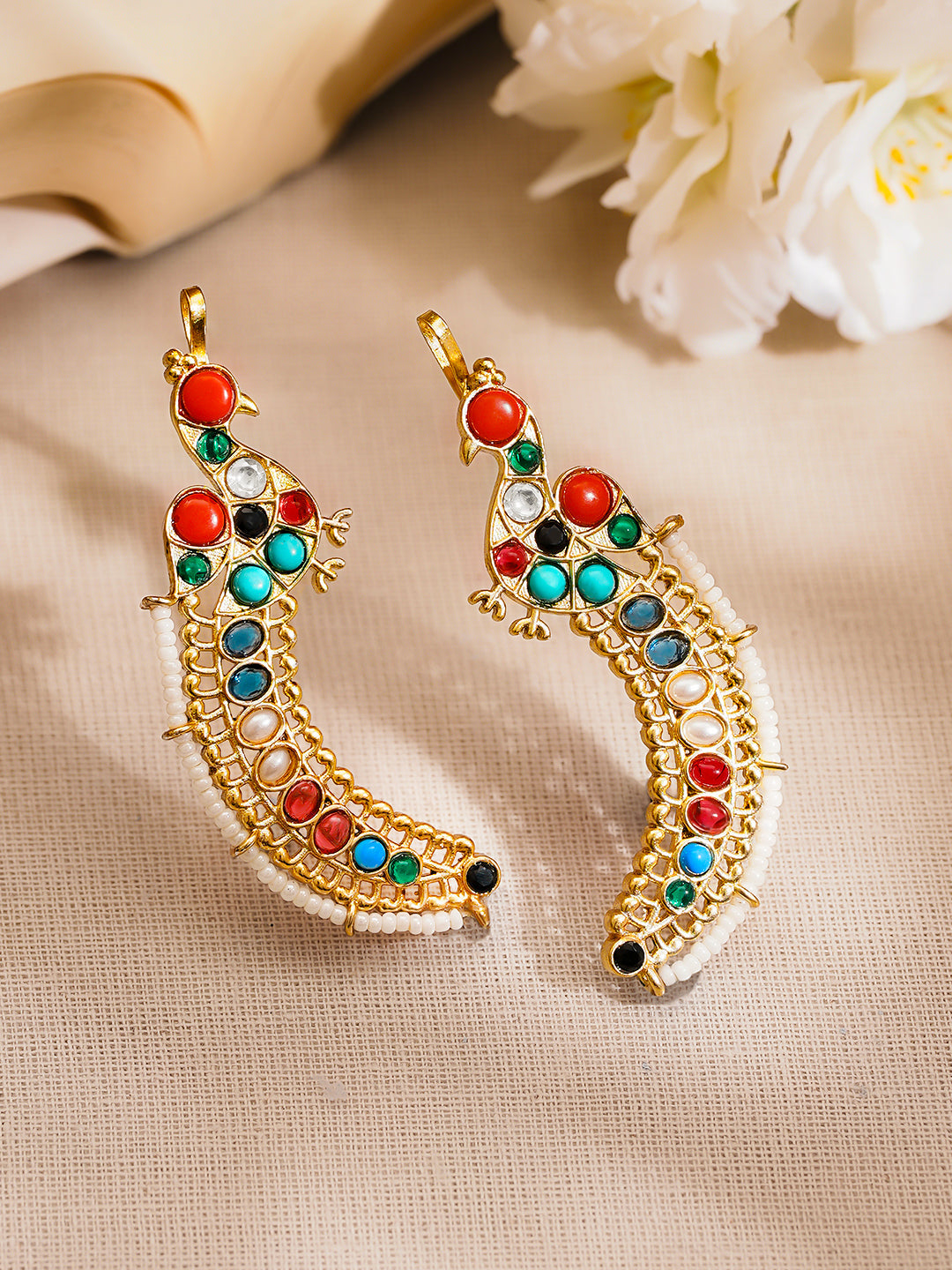 Gold Plated Multicolour Kundan Pearl Peacock Motif Ear Cuff Earring フリーサイズ