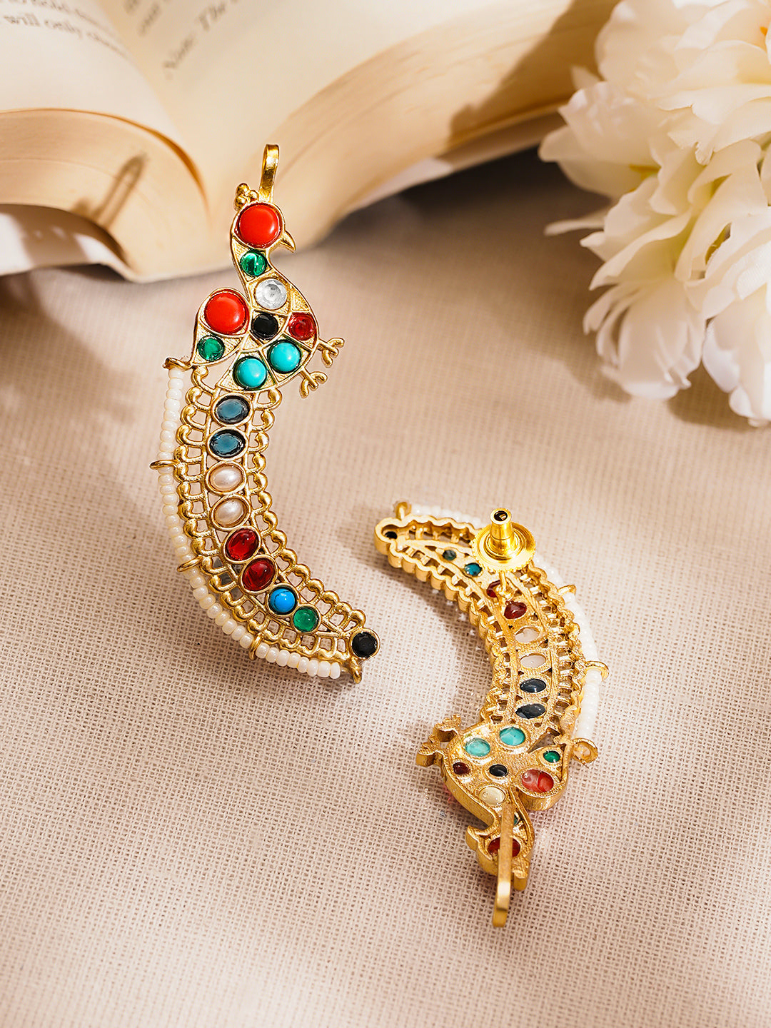 Gold Plated Multicolour Kundan Pearl Peacock Motif Ear Cuff Earring フリーサイズ