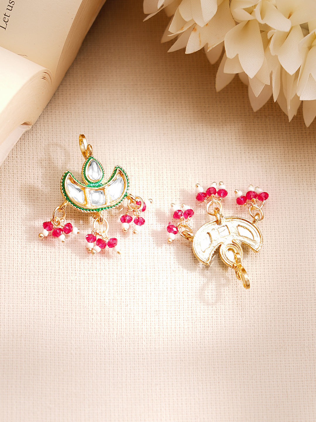 【Rubans】 Gold Plated Kundan Crescent Moon Beaded Drop Earrings｜ゴールドメッキ クンダン クレセントムーン ビーズ ドロップイヤリング