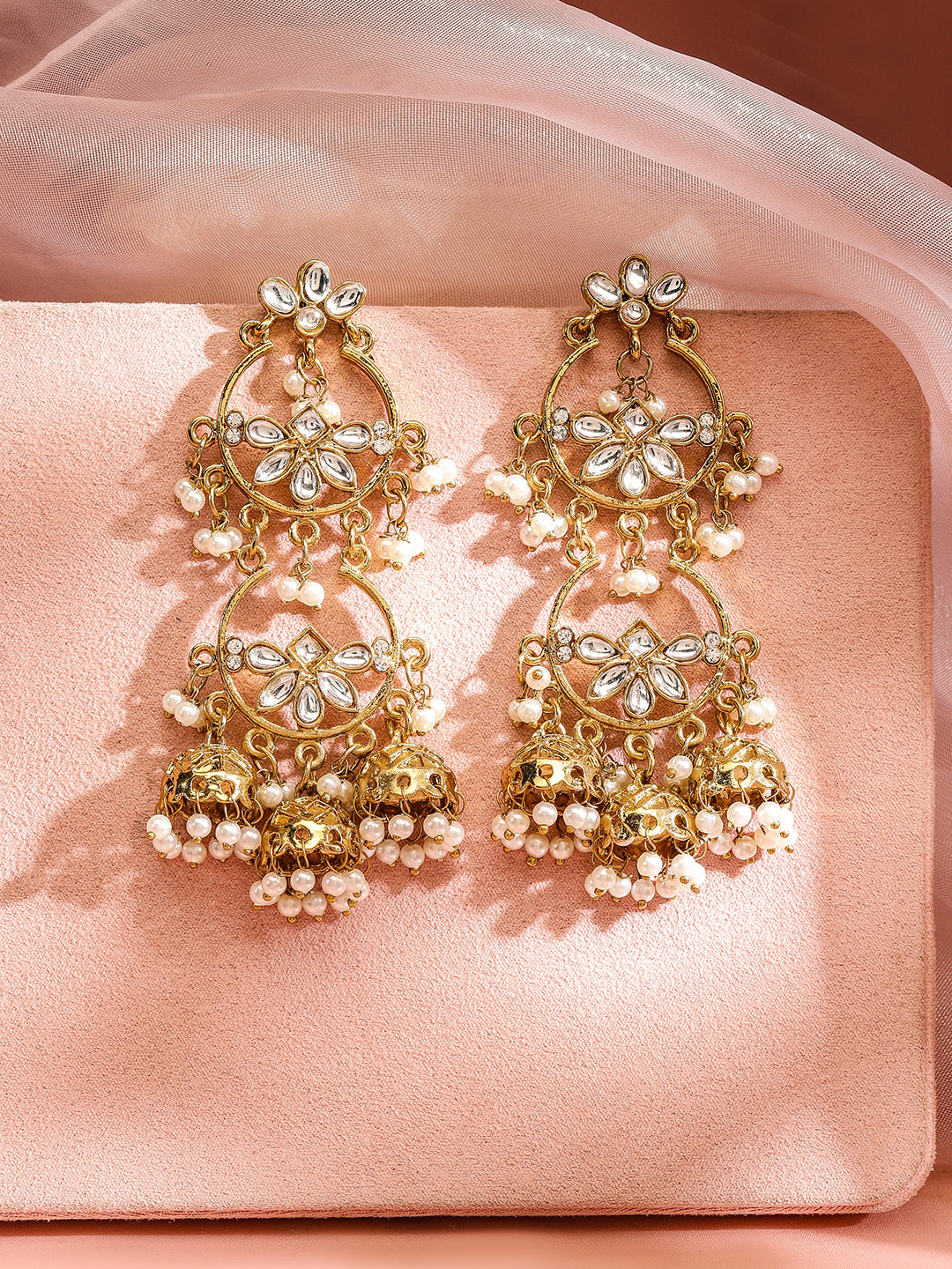 Rubans 18K Gold-Plated Kundan Studded Handcrafted Earrings with Pearl Beads and Jhumka Drops Gold