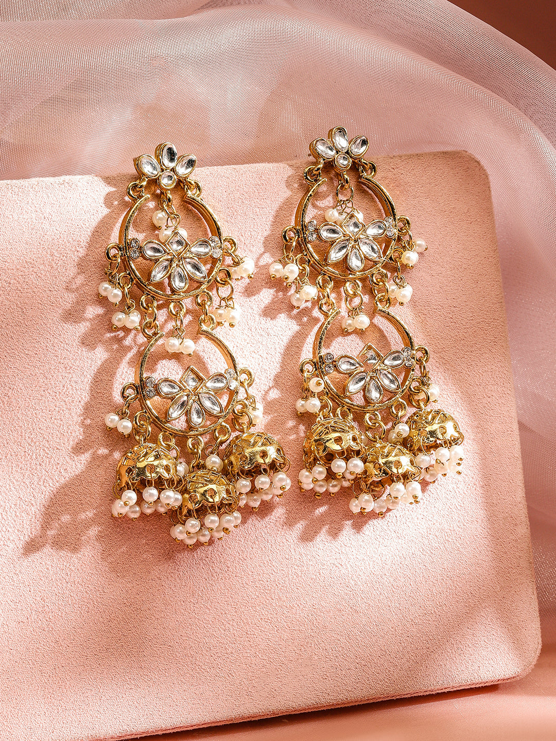 Rubans 18K Gold-Plated Kundan Studded Handcrafted Earrings with Pearl Beads and Jhumka Drops Gold
