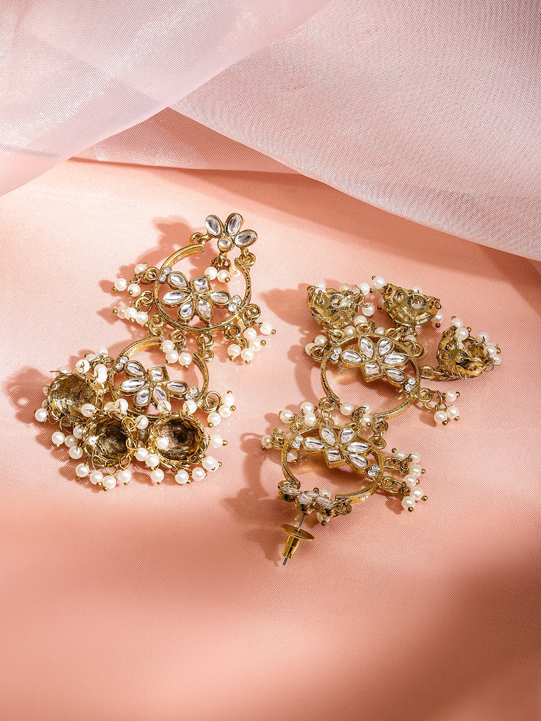 Rubans 18K Gold-Plated Kundan Studded Handcrafted Earrings with Pearl Beads and Jhumka Drops Gold