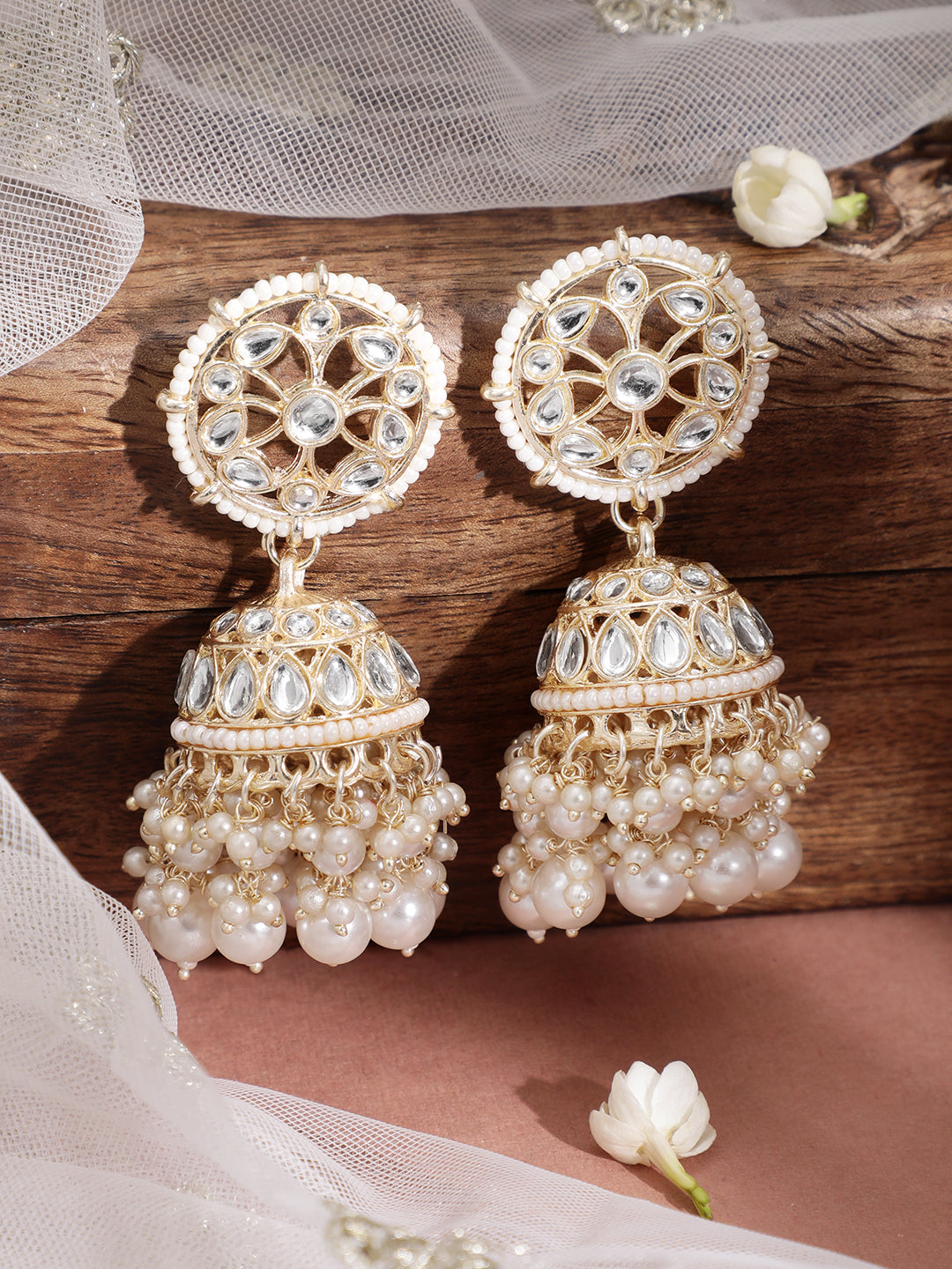 Rubans 24K Gold Plated Handcrafted Kundan with White perals Jhumka Earrings Gold