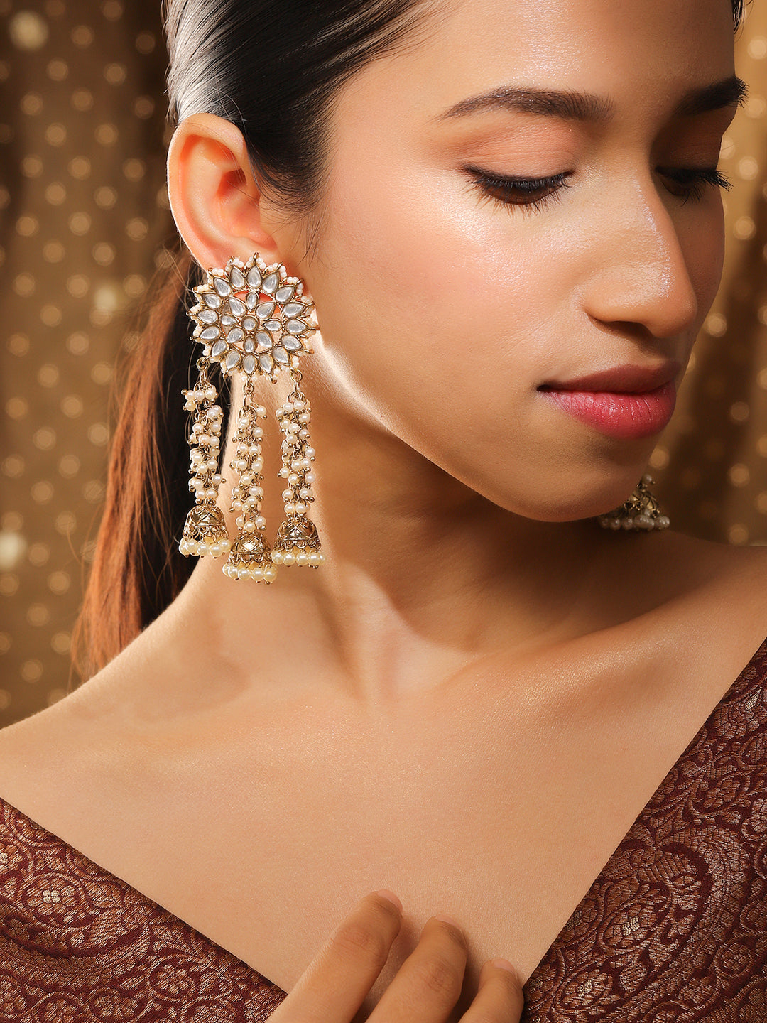 Rubans 22K Gold Plated Handcrafted Kundan Studded Floral Design 3-Layered Jhumka Earrings Gold