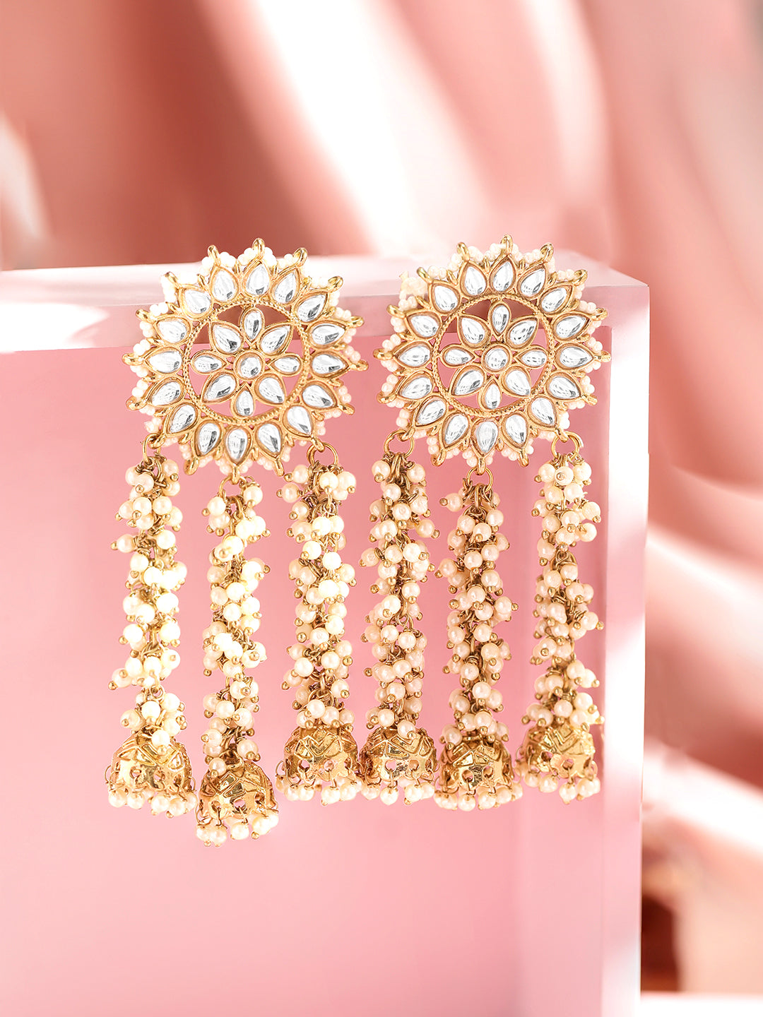 Rubans 22K Gold Plated Handcrafted Kundan Studded Floral Design 3-Layered Jhumka Earrings Gold