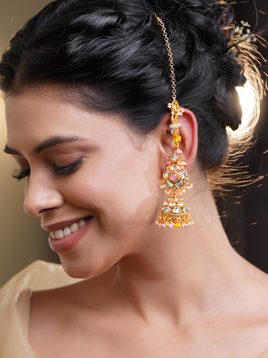 Royal Pastel Kundan Chain Jhumka Earrings フリーサイズ