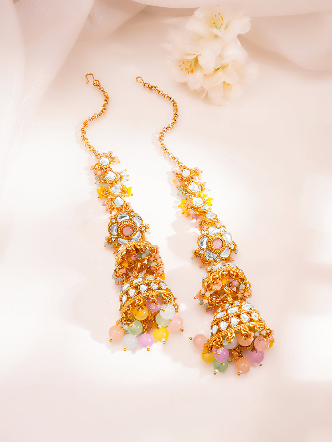 Royal Pastel Kundan Chain Jhumka Earrings フリーサイズ