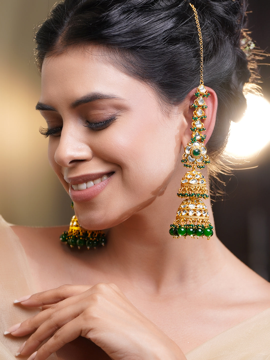 Royal Green Kundan Chain Jhumka Earrings フリーサイズ
