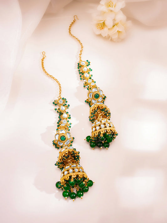 Royal Green Kundan Chain Jhumka Earrings フリーサイズ