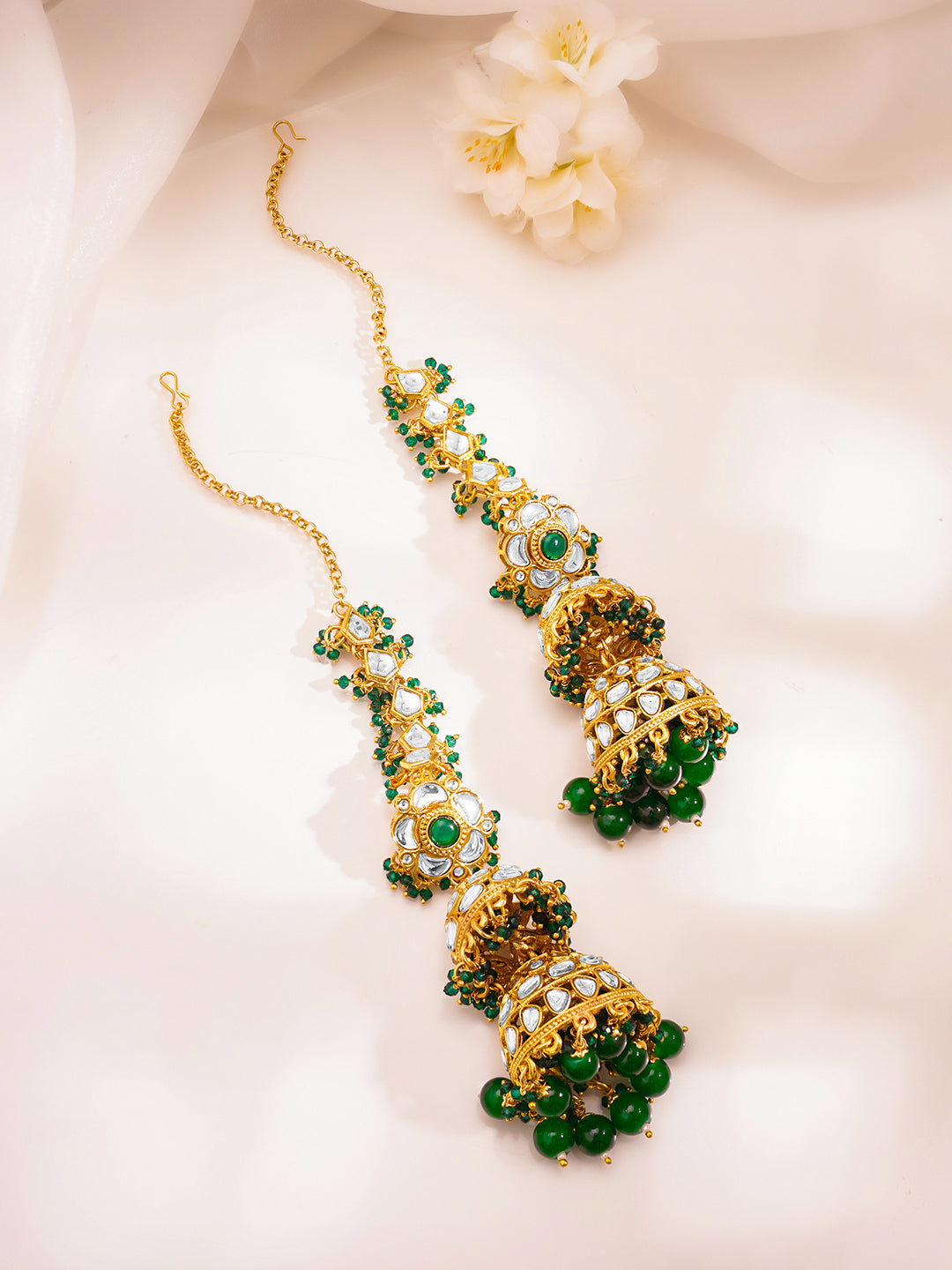 Royal Green Kundan Chain Jhumka Earrings フリーサイズ