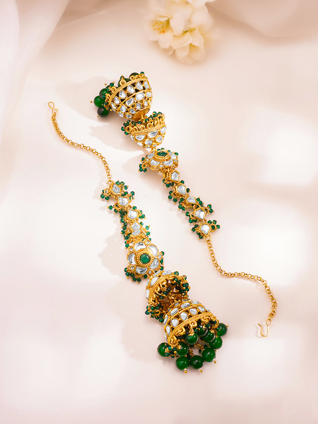 Royal Green Kundan Chain Jhumka Earrings フリーサイズ