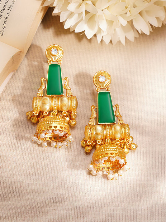 【Rubans】 Gold-Plated Green Enamel Statement Jhumka Earrings｜ゴールドメッキ グリーンエナメル ステートメント ジュムカイヤリング