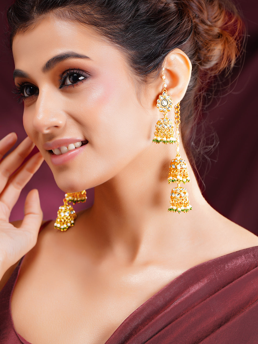 【Rubans】 Gold Plated Pearl Kundan Jhumka Earrings｜ゴールドメッキ パール クンダン ジュムカ イヤリング