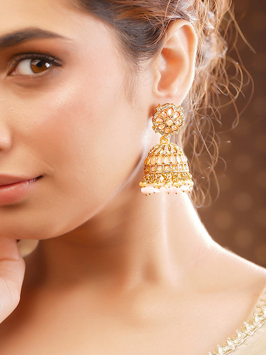 【Rubans】 Antique Gold Plated Pastel Pink Kundan Pearl Jhumka Earrings｜アンティークゴールドメッキ パステルピンク クンダン パール ジュムカ