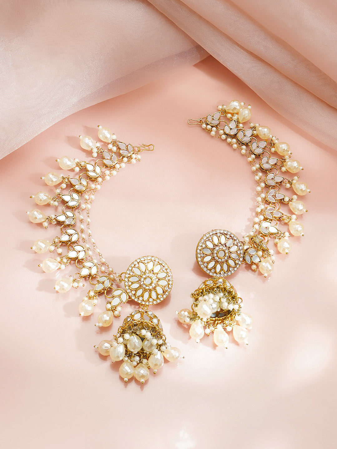 【Rubans】 Gold Plated Pearl Beaded Kundan Kaan Chain Jhumkas｜ゴールドメッキ パールビーズ クンダン カーンチェーン ジュムカ