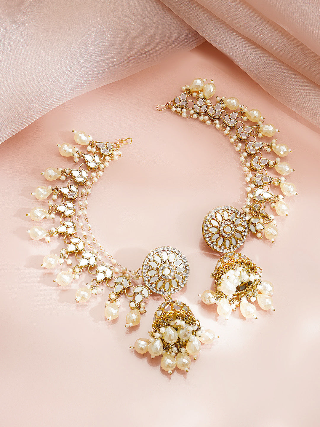【Rubans】 Gold Plated Pearl Beaded Kundan Kaan Chain Jhumkas｜ゴールドメッキ パールビーズ クンダン カーンチェーン ジュムカ