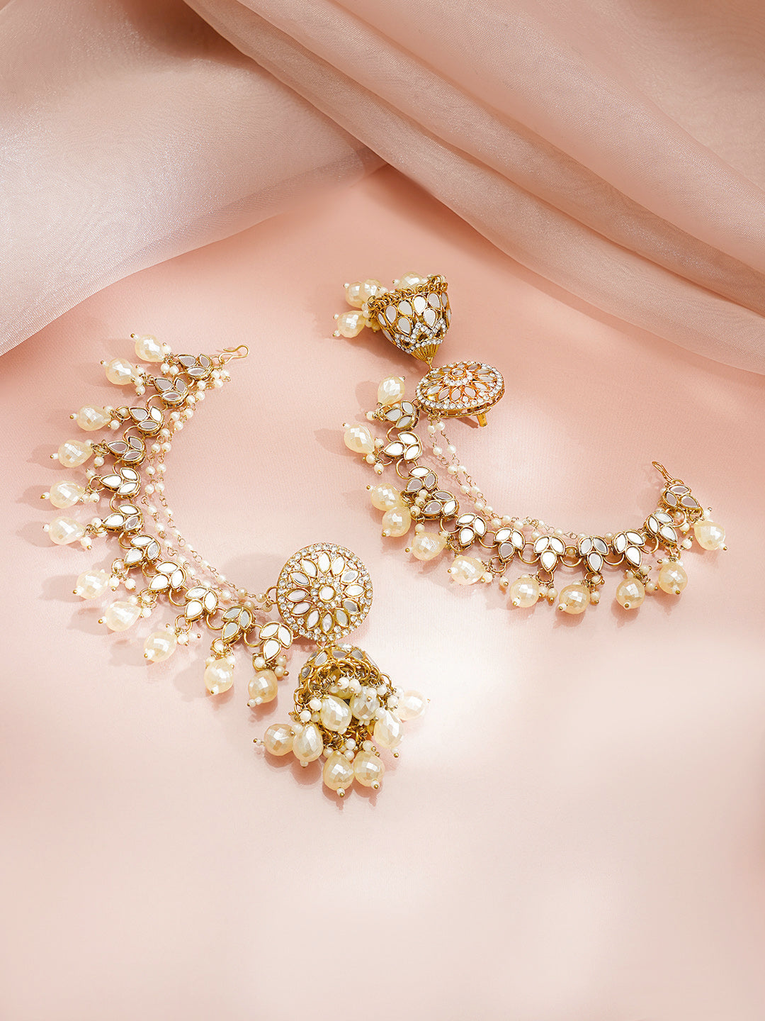 【Rubans】 Gold Plated Pearl Beaded Kundan Kaan Chain Jhumkas｜ゴールドメッキ パールビーズ クンダン カーンチェーン ジュムカ