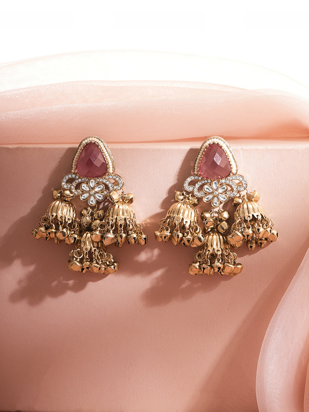【Rubans】Gold Plated Blush Bloom Ghungroo Trio Kundan Jhumka Earrings｜ゴールドメッキ ブラッシュブルーム グングルー トリオ クンダン ジュムカピアス