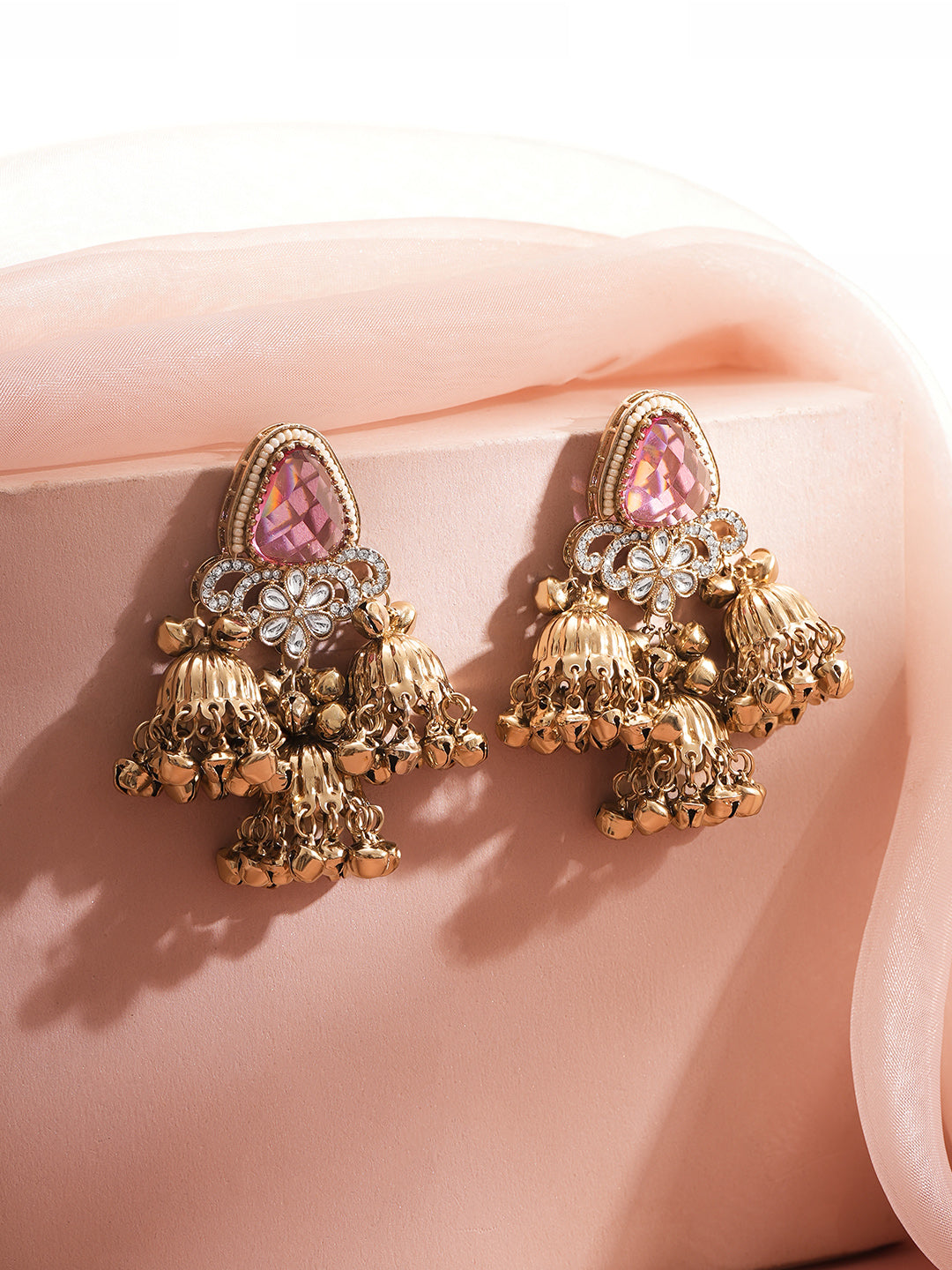 【Rubans】Gold Plated Blush Bloom Ghungroo Trio Kundan Jhumka Earrings｜ゴールドメッキ ブラッシュブルーム グングルー トリオ クンダン ジュムカピアス