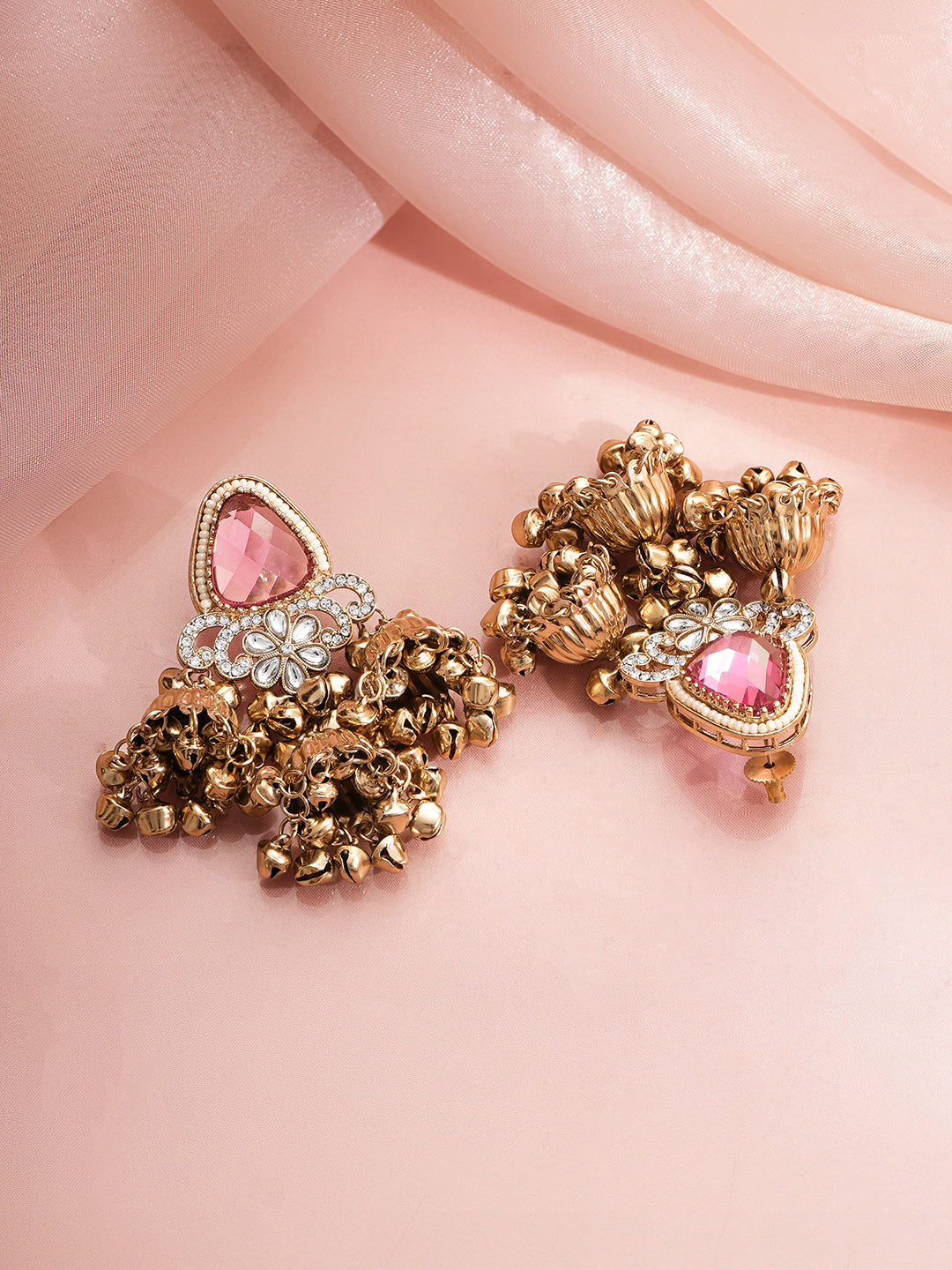 【Rubans】Gold Plated Blush Bloom Ghungroo Trio Kundan Jhumka Earrings｜ゴールドメッキ ブラッシュブルーム グングルー トリオ クンダン ジュムカピアス